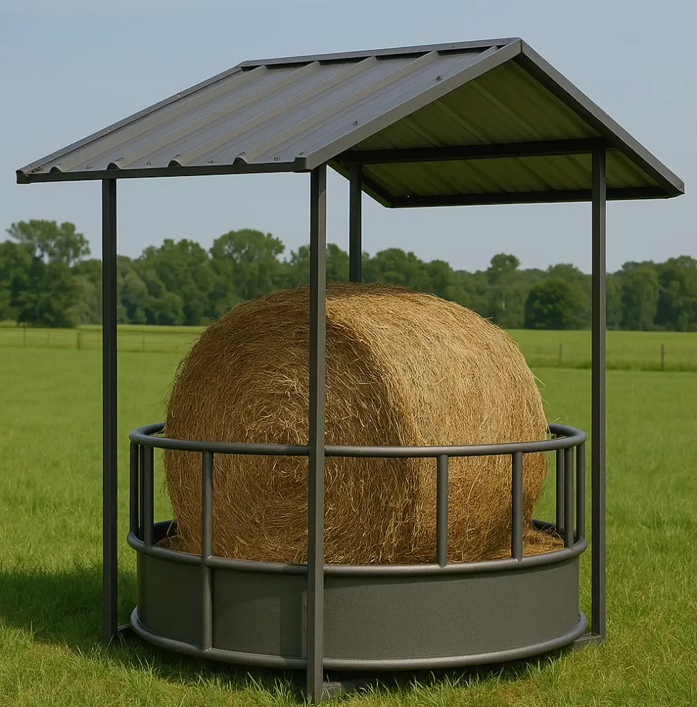 Roofed round bale feeder in a muddy livestock field, protecting hay from rain and waste, with cattle feeding around it