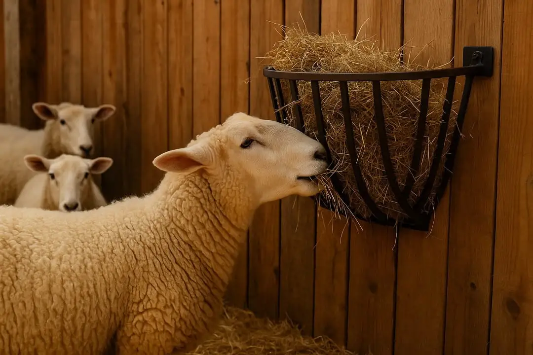 Sheep eating from Wall mounted Hay feeder